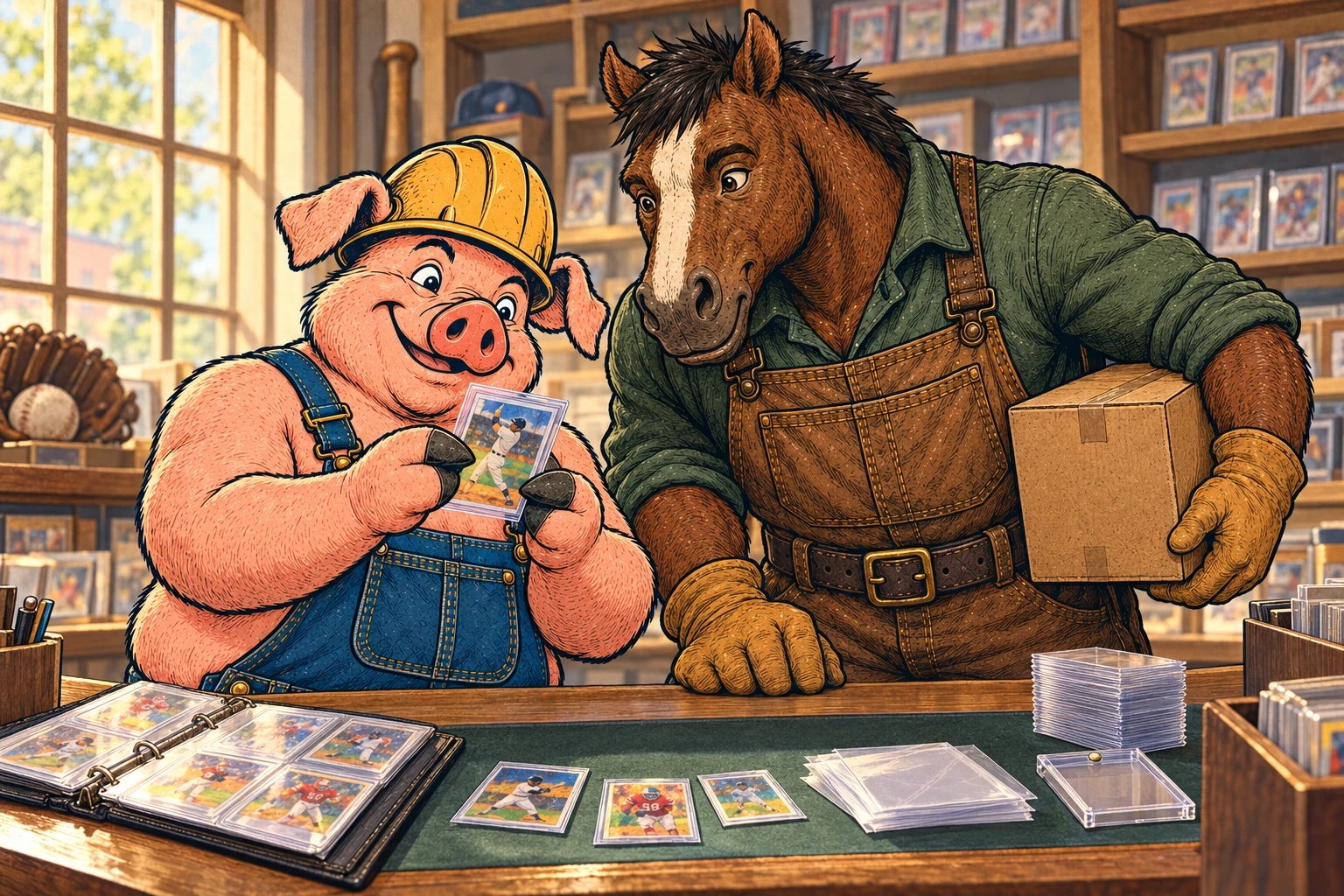 Hammy examines a sleeved baseball card while Clyde carries a supply case beside a binder, sleeves and card holders at the shop counter.