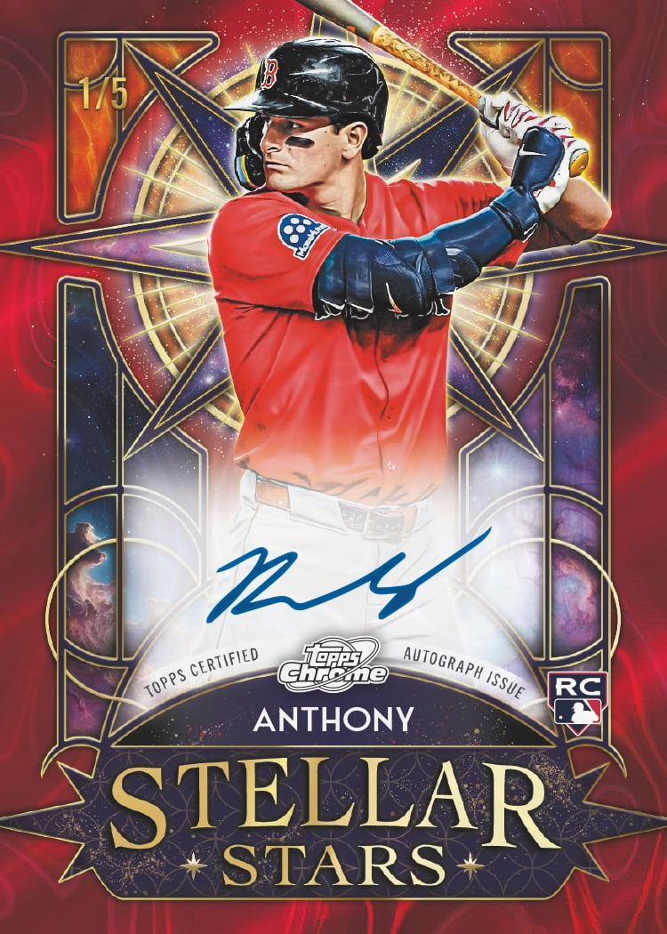 Roman Anthony's Stellar Stars autograph Red Flare rookie preview, numbered 1/5, with a red and gold star frame.