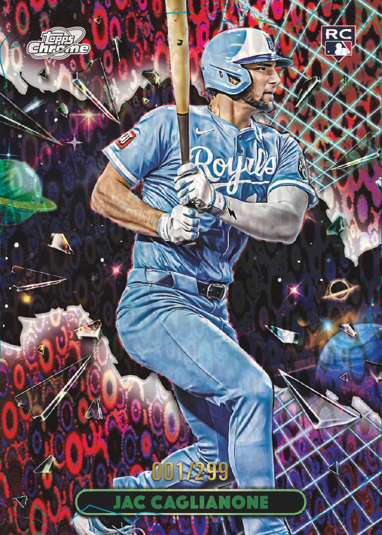 Jac Caglianone's Magenta Cosmos Refractor rookie preview, numbered 001/299.