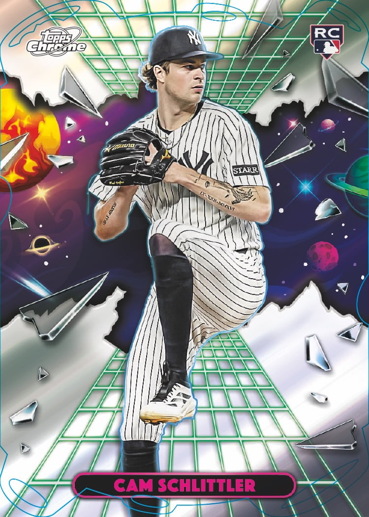 Cam Schlittler's rookie preview, with Yankees pinstripes, green grids and a purple planetary background.