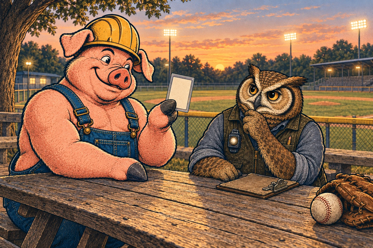 Hammy shows Lemmy a card at a picnic table overlooking a baseball field at sunset.