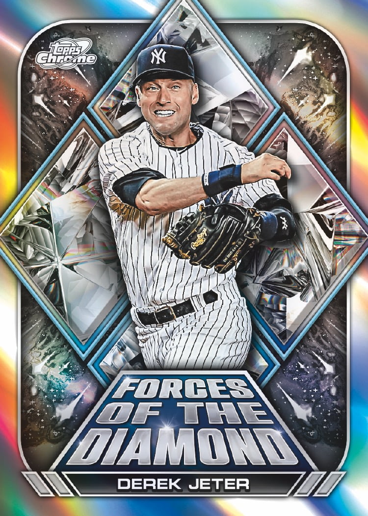 Derek Jeter's Forces of the Diamond preview, with a throwing pose framed by faceted silver diamonds.