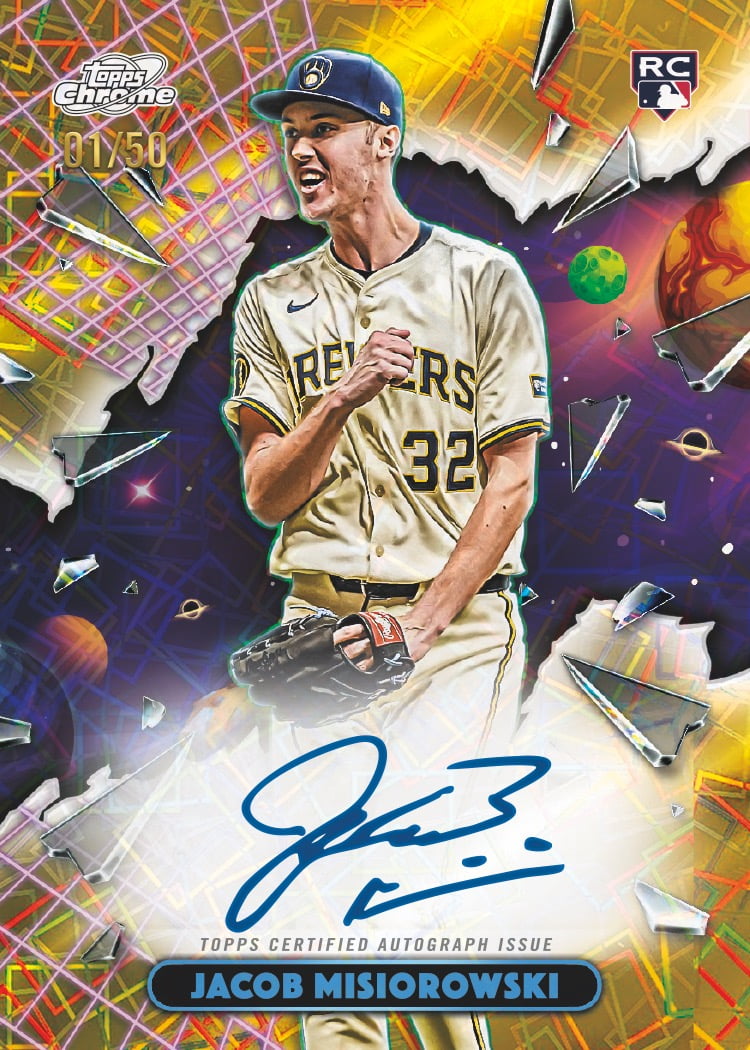Jacob Misiorowski's Gold Interstellar autograph rookie preview, numbered 01/50, with a blue signature below his glove.