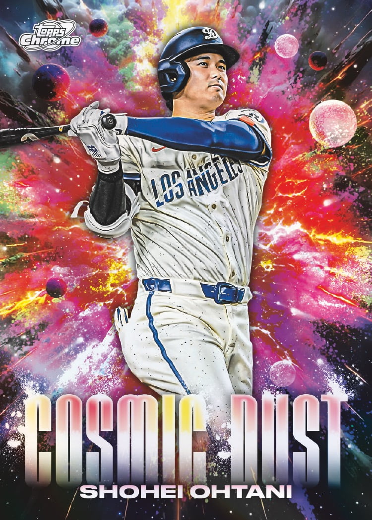Shohei Ohtani's Cosmic Dust preview, with his swing against bright pink, green and yellow clouds.