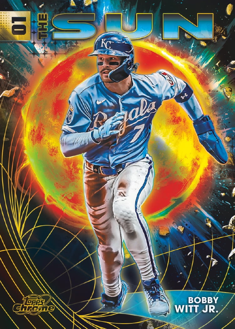 Bobby Witt Jr.'s Planetary Pursuit Sun preview, with a bright solar disc behind his Royals uniform.