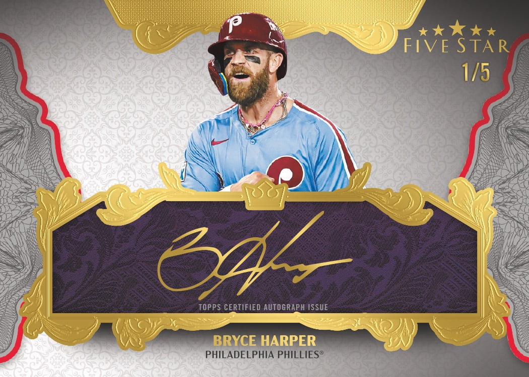 Bryce Harper Baseball Royalty Ruby autograph preview, numbered 1/5, with gold ink on purple and a red outer border.