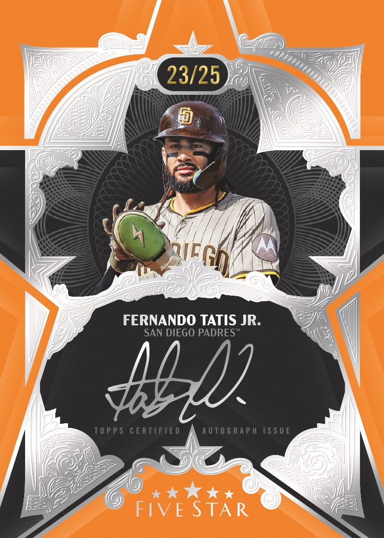Fernando Tatis Jr. Amber autograph preview, numbered 23/25, with light ink on a broad black panel beneath an orange background.