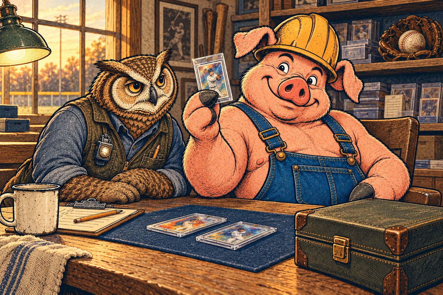 Hammy and Lemmy examine protected baseball cards at a wooden shop table beside a card-storage case.