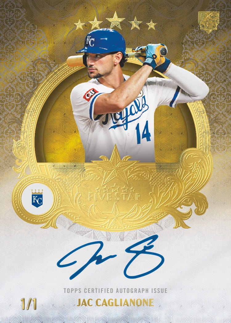 Jac Caglianone FoilFractor rookie autograph preview, marked 1/1, with a blue signature across a white panel.