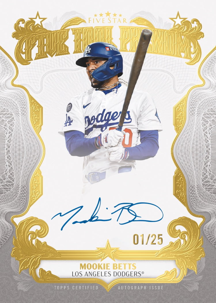Mookie Betts Five Tool Phenom autograph preview, numbered 01/25, with a white-and-gold frame and broad blue signature.