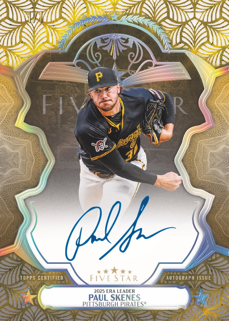 Paul Skenes FoilFractor autograph preview, marked 1/1 and 2025 ERA Leader, with a black Pirates uniform and blue autograph.