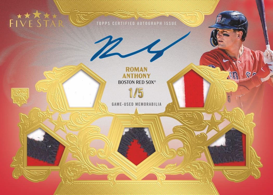 Roman Anthony Five Star Quintuple Relic Autographs Ruby preview, numbered 1/5, with five fabric windows and a blue signature.