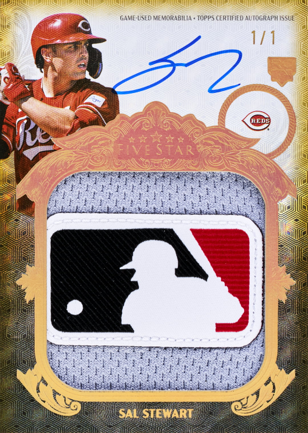 Sal Stewart Five Star Autographed Jumbo Prime Cards FoilFractor MLB-logo patch preview, marked 1/1, with a blue autograph above a large patch window.