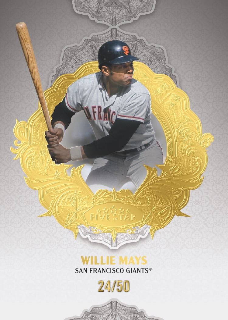 Willie Mays Five Star base preview, numbered 24/50, with a Giants batting photograph inside an ornate gold frame.