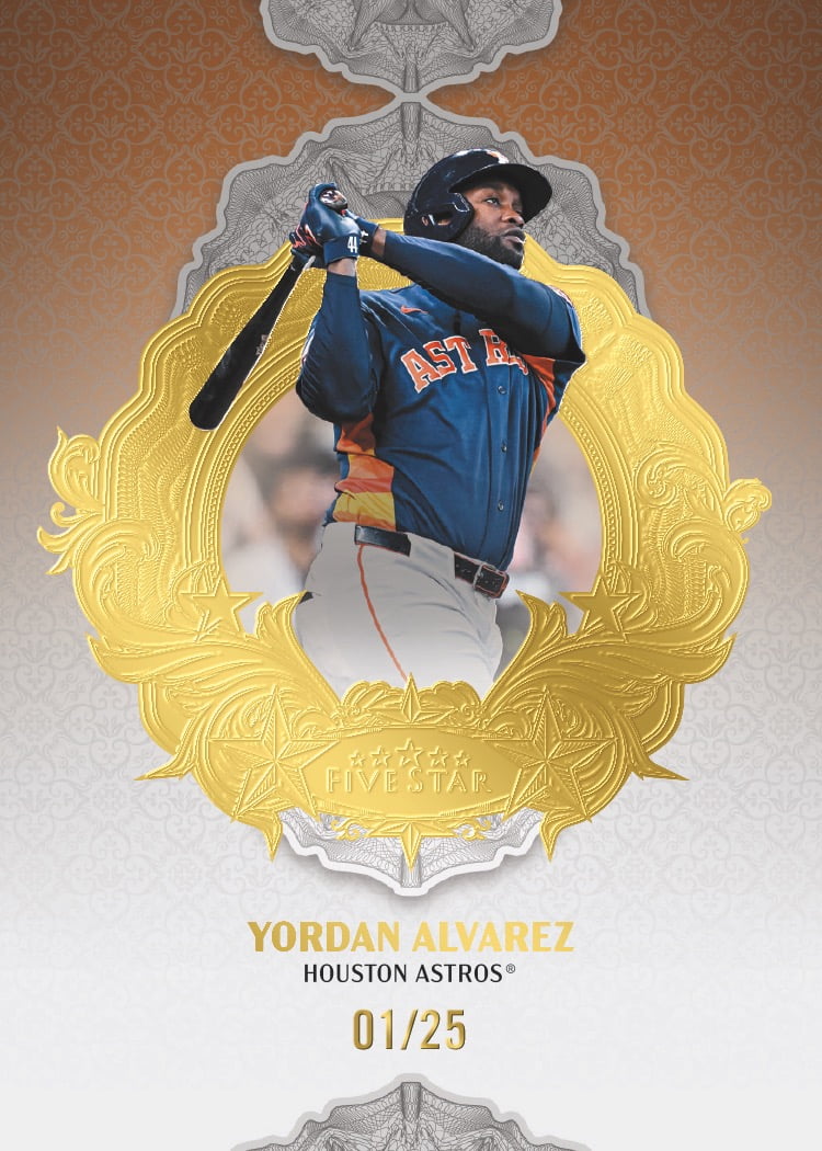 Yordan Alvarez Amber base preview, numbered 01/25, with an orange upper background and a gold circular frame.