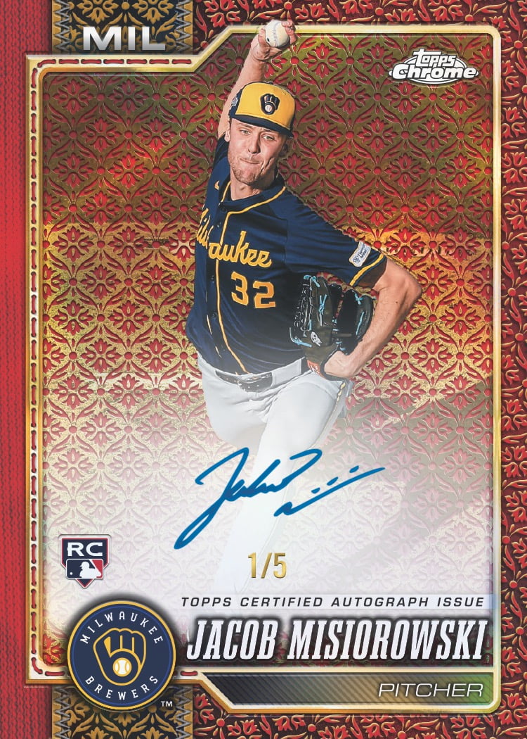 Jacob Misiorowski’s official 2026 Gilded Collection rookie autograph preview with red ornament and 1/5 numbering.