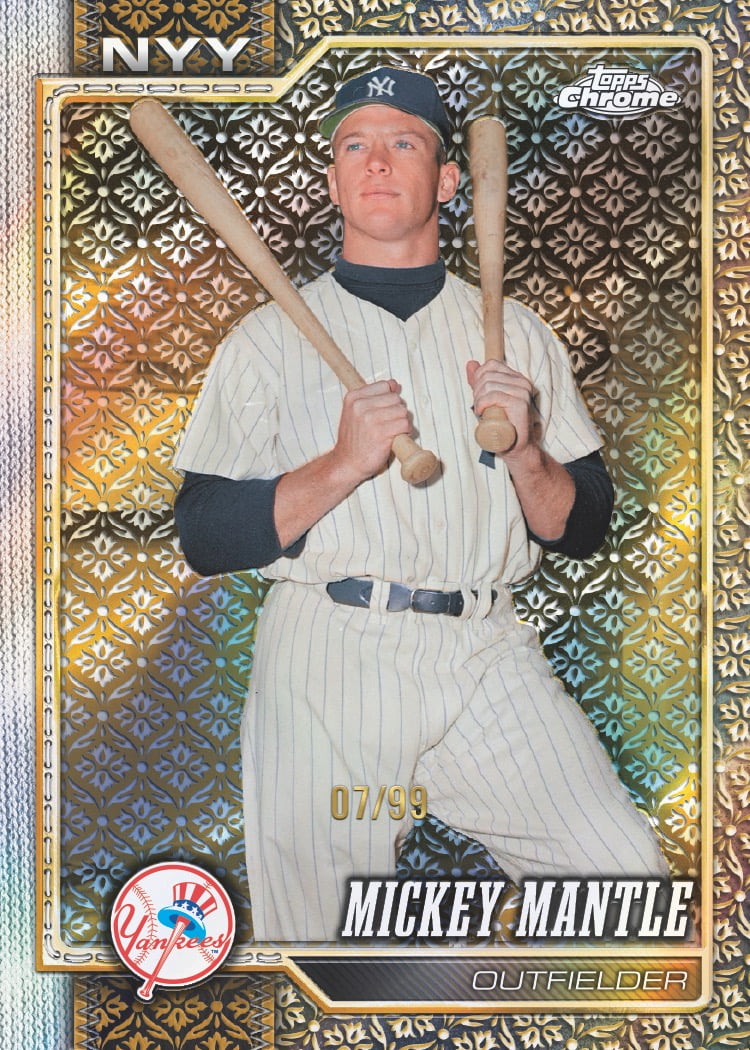 Mickey Mantle holding two bats in the official 2026 Gilded Collection preview, numbered 07/99.