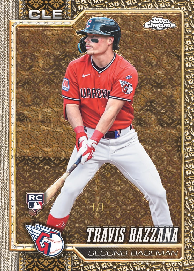 Travis Bazzana in a red Cleveland jersey on Topps’ 2026 Gilded Collection Superfractor rookie preview, marked 1/1.