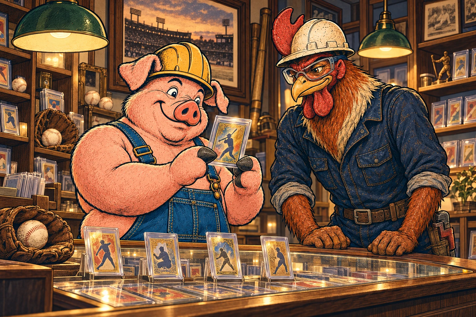 Hammy and Riggs admiring a sleeved baseball card across the warmly lit shop display counter.