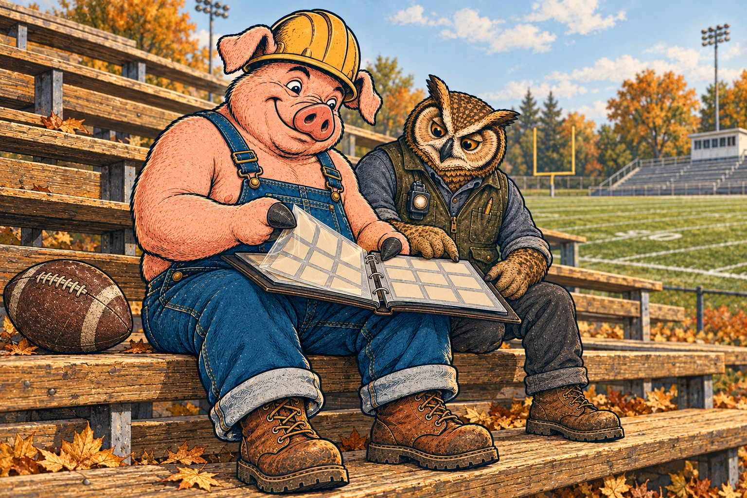 Hammy and Lemmy look through a card album on football stadium bleachers beside a leather football.
