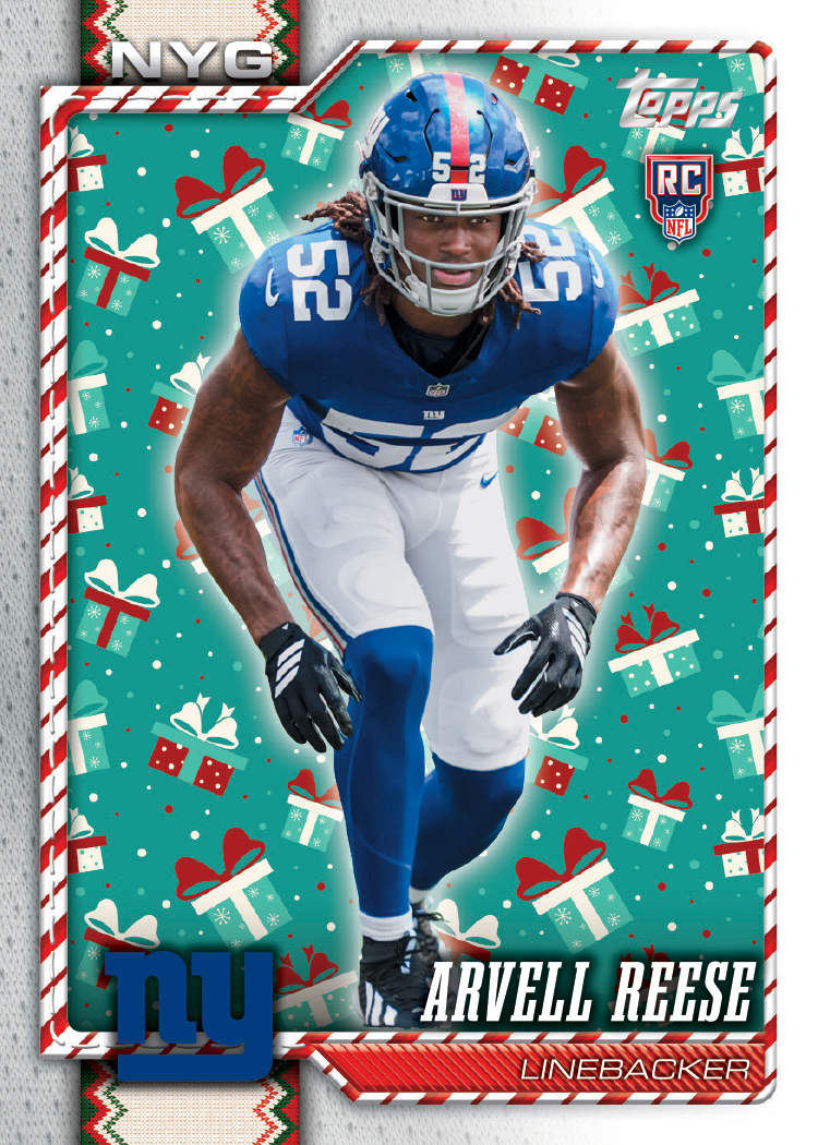 Arvell Reese’s Rookie Holiday Spirit Variation preview, in Giants uniform against a green background covered with illustrated wrapped gifts.