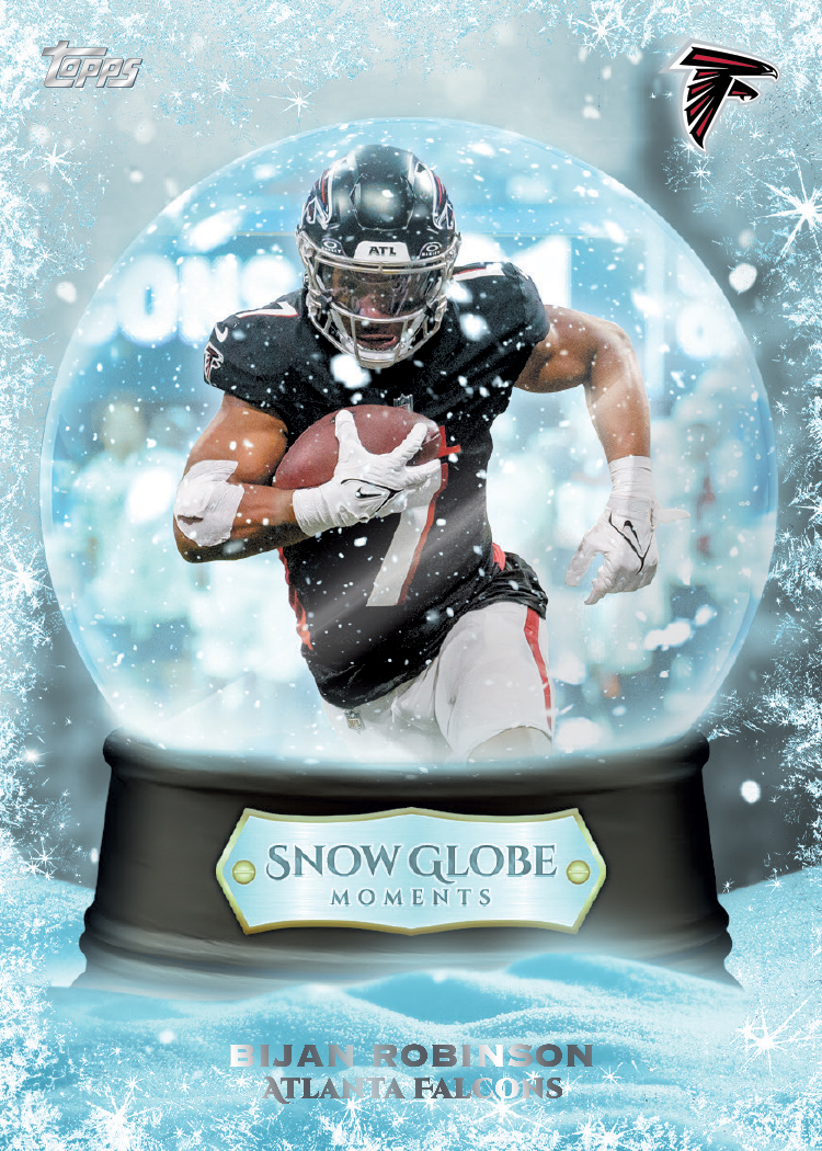 Bijan Robinson’s Snow Globe Moments preview, showing him running inside a glass globe above a black pedestal and title plaque.
