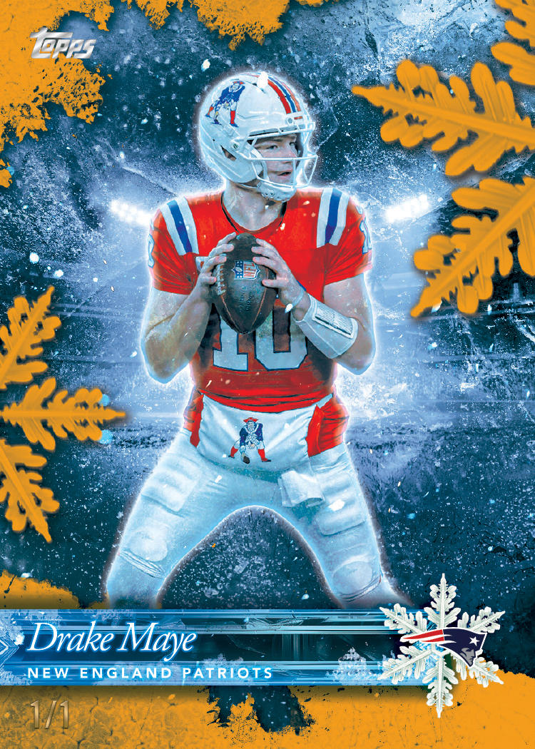 Drake Maye’s Frozen Fields Foilfractor promotional preview, with a frost-covered background, large gold-coloured snowflakes and visible 1/1 numbering.