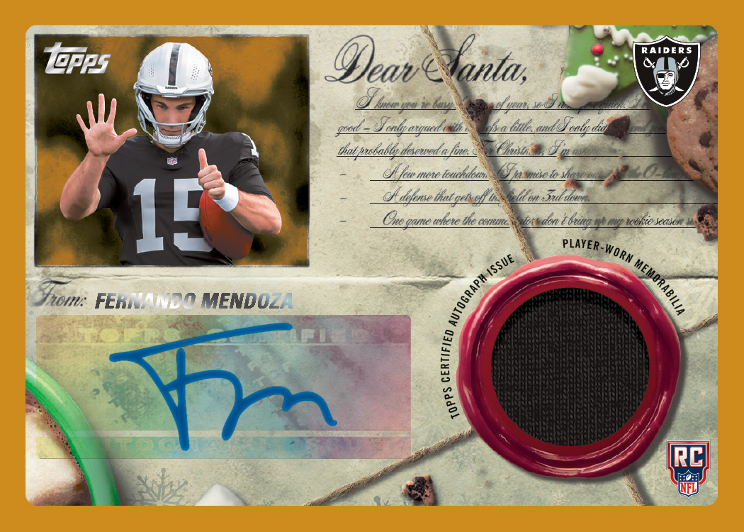 Fernando Mendoza, Dear Santa autograph relic, 2026 Topps Holiday Football promotional preview.