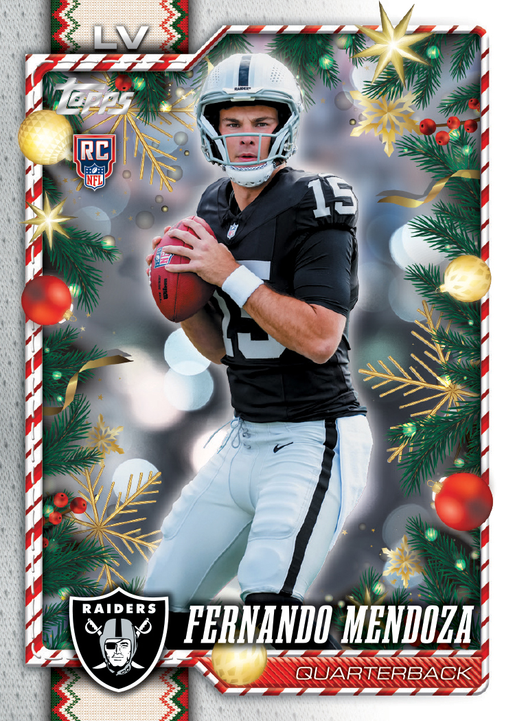 Fernando Mendoza’s 2026 Topps Holiday Football base-style promotional preview, in Raiders uniform with a knitted-looking border, ornaments and candy-cane trim.