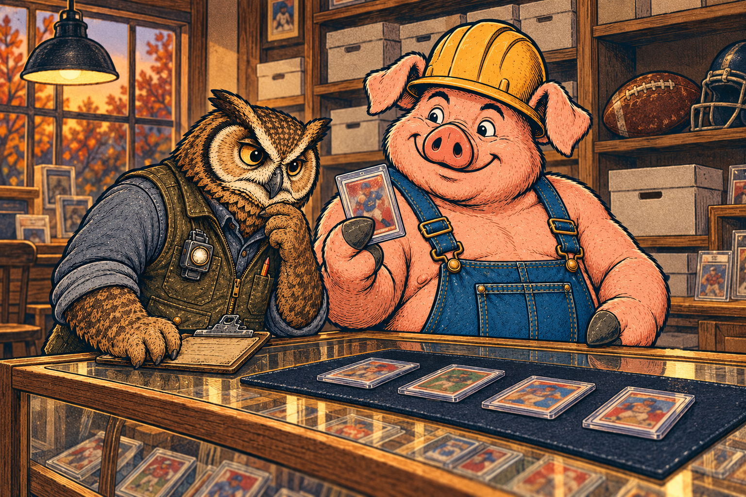 Hammy shows Lemmy a protected football card at a wooden card-shop counter, with other cards on a felt mat and autumn trees outside.