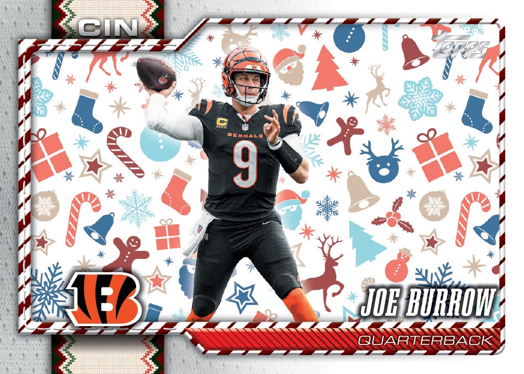 Joe Burrow’s horizontal Base Holiday Spirit Variation preview, surrounded by illustrated stockings, bells, gifts and snowflakes.