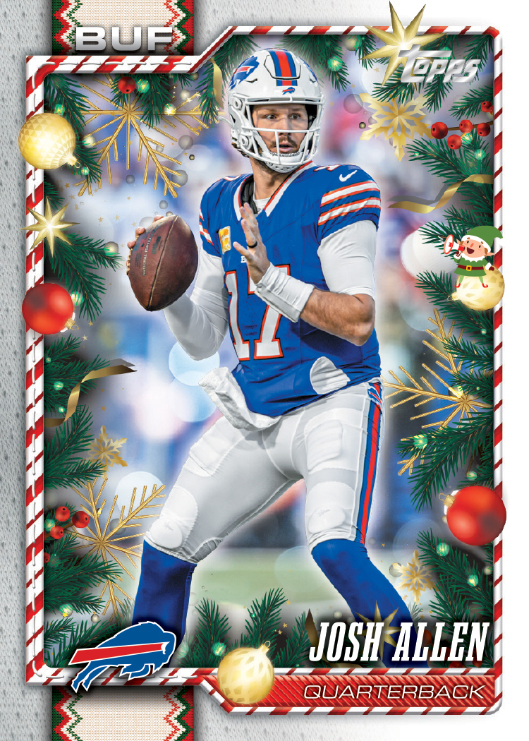 Josh Allen’s Hidden Elf preview, with a small green-clad elf holding a candy cane beside his upper arm on the right edge.