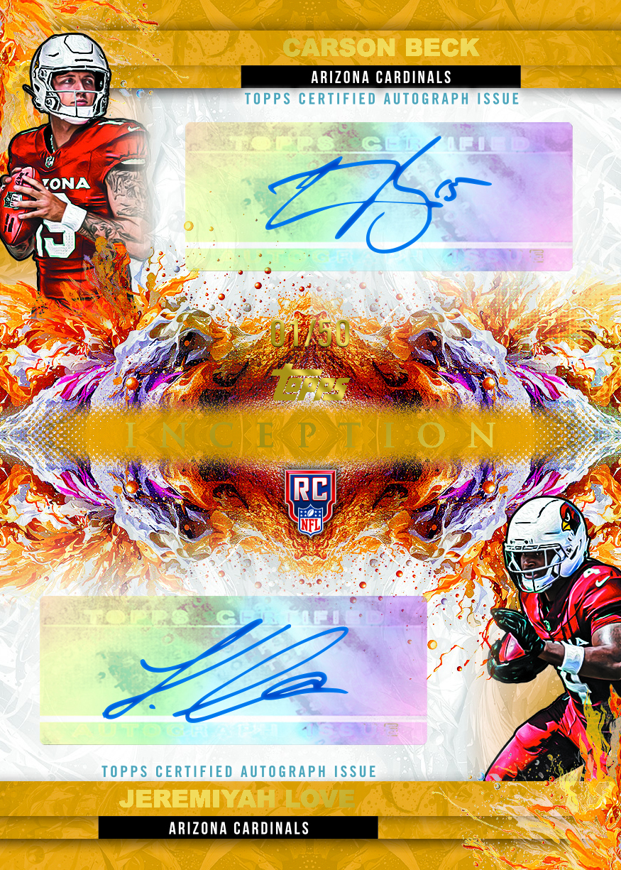 Carson Beck and Jeremiyah Love Dual Rookie Autographs Gold parallel promotional preview, numbered 01/50, with two separate blue signatures and Cardinals photographs.