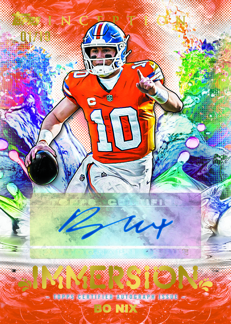 Bo Nix Immersion Autographs Orange parallel promotional preview, numbered 01/10, with a Broncos uniform, flowing paint textures and a blue signature on a visible certification sticker.