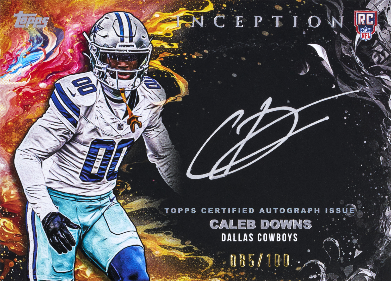 Caleb Downs Inception Silver Signings promotional preview, numbered 085/100, with the Cowboys rookie at left and a large silver autograph on a dark field at right.