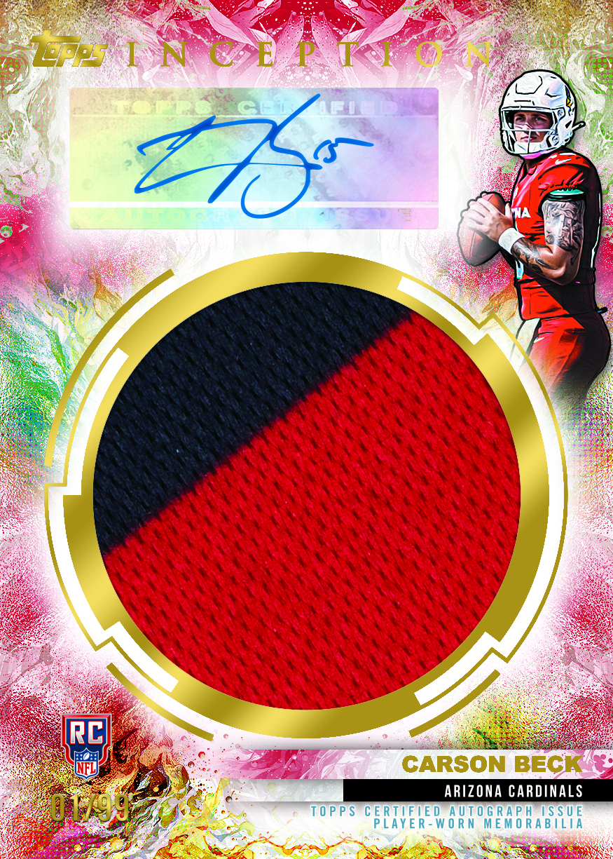 Carson Beck Rookie Jumbo Relic Autographs Red parallel promotional preview, numbered 01/99, with a large circular red-and-dark fabric window and a blue signature above it.