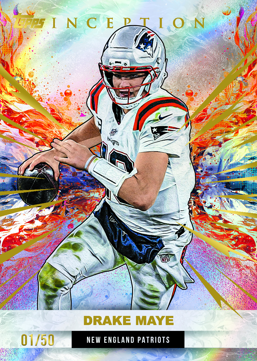 Drake Maye Gold Electricity base parallel promotional preview, numbered 01/50, with gold rays across a colorful background and a white Patriots uniform.