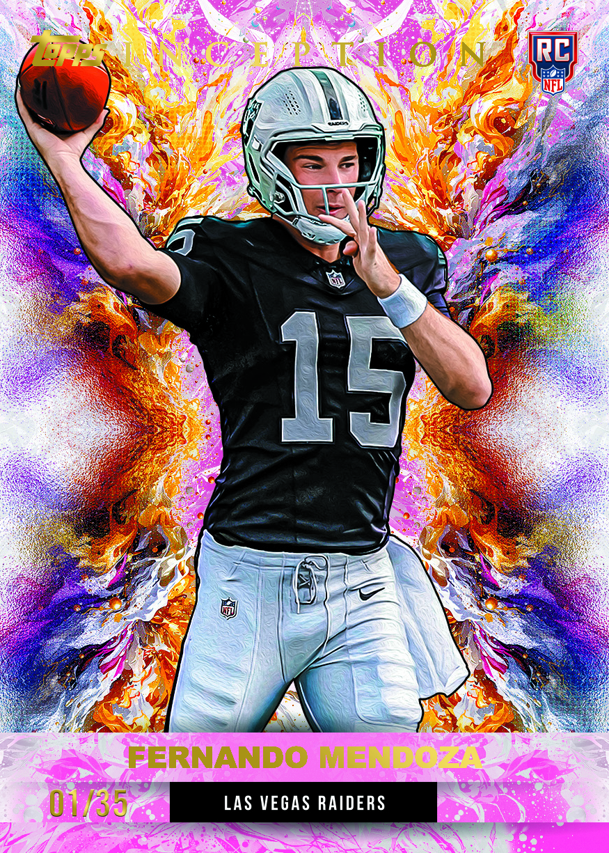 Fernando Mendoza Hot Pink base rookie parallel promotional preview, numbered 01/35, in a Raiders uniform against a bright pink, orange and blue background.
