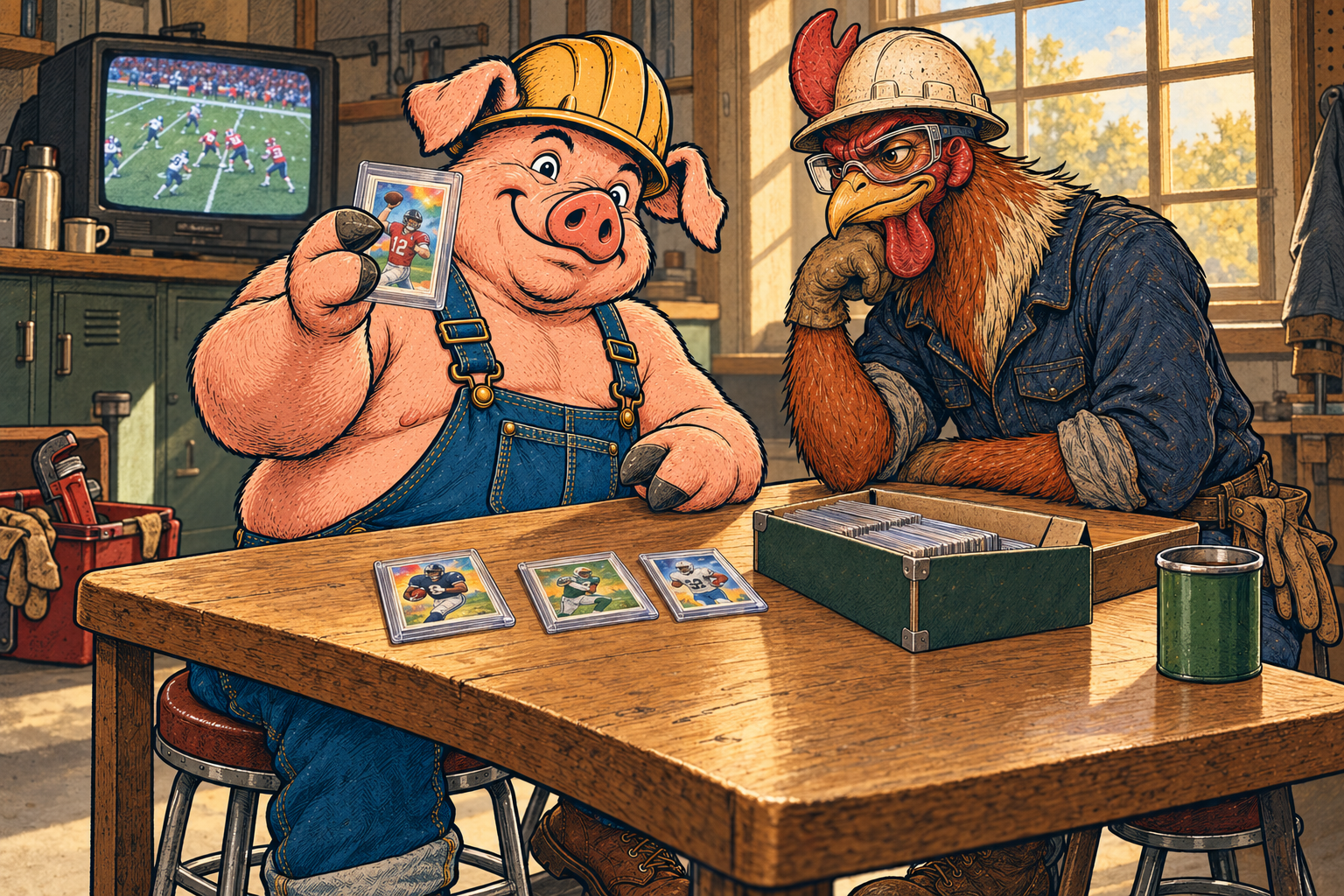 Hammy and Riggs enjoy protected football cards at a clean wooden table while a football game plays on a television behind them.