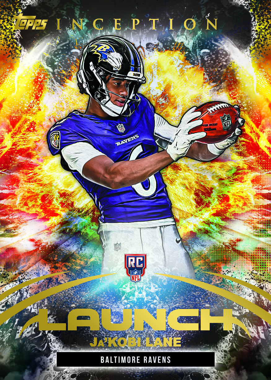 Ja'Kobi Lane Launch Alpha parallel promotional preview with a Ravens uniform, large gold lettering and an orange-and-yellow burst behind the receiver.