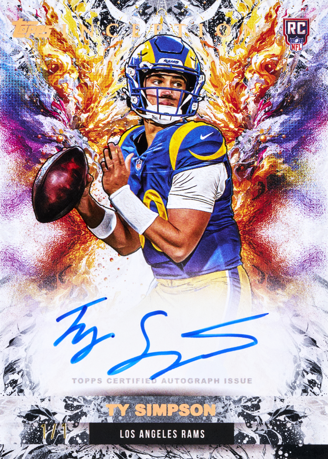 Ty Simpson Rookie Autographs Black parallel promotional preview, numbered 1/1, with a Rams uniform and large blue signature across a white lower field.