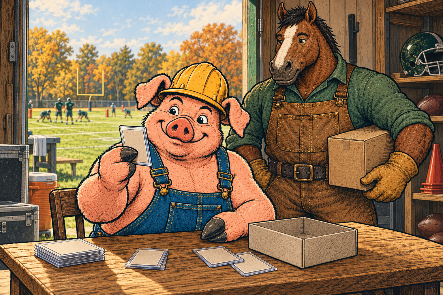 Hammy studies a protected trading card at a wooden table while Clyde carries a plain case beside a football practice field.