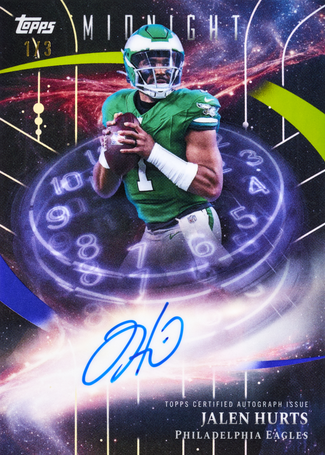 Topps promotional image of Jalen Hurts in the Stroke of Midnight Autographs design, with a glowing clock face, galaxy background and blue signature.