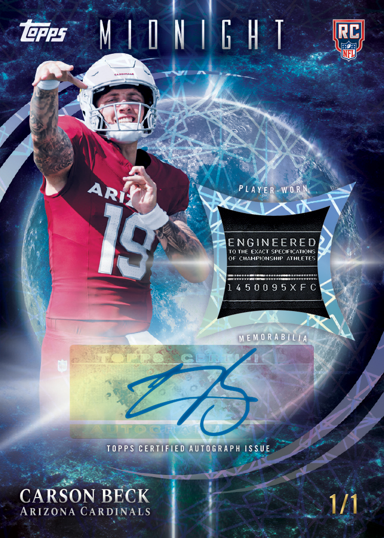 Topps promotional image of Carson Beck’s Moonlit Materials Signatures card, with a large moon, one memorabilia window and an autograph panel.