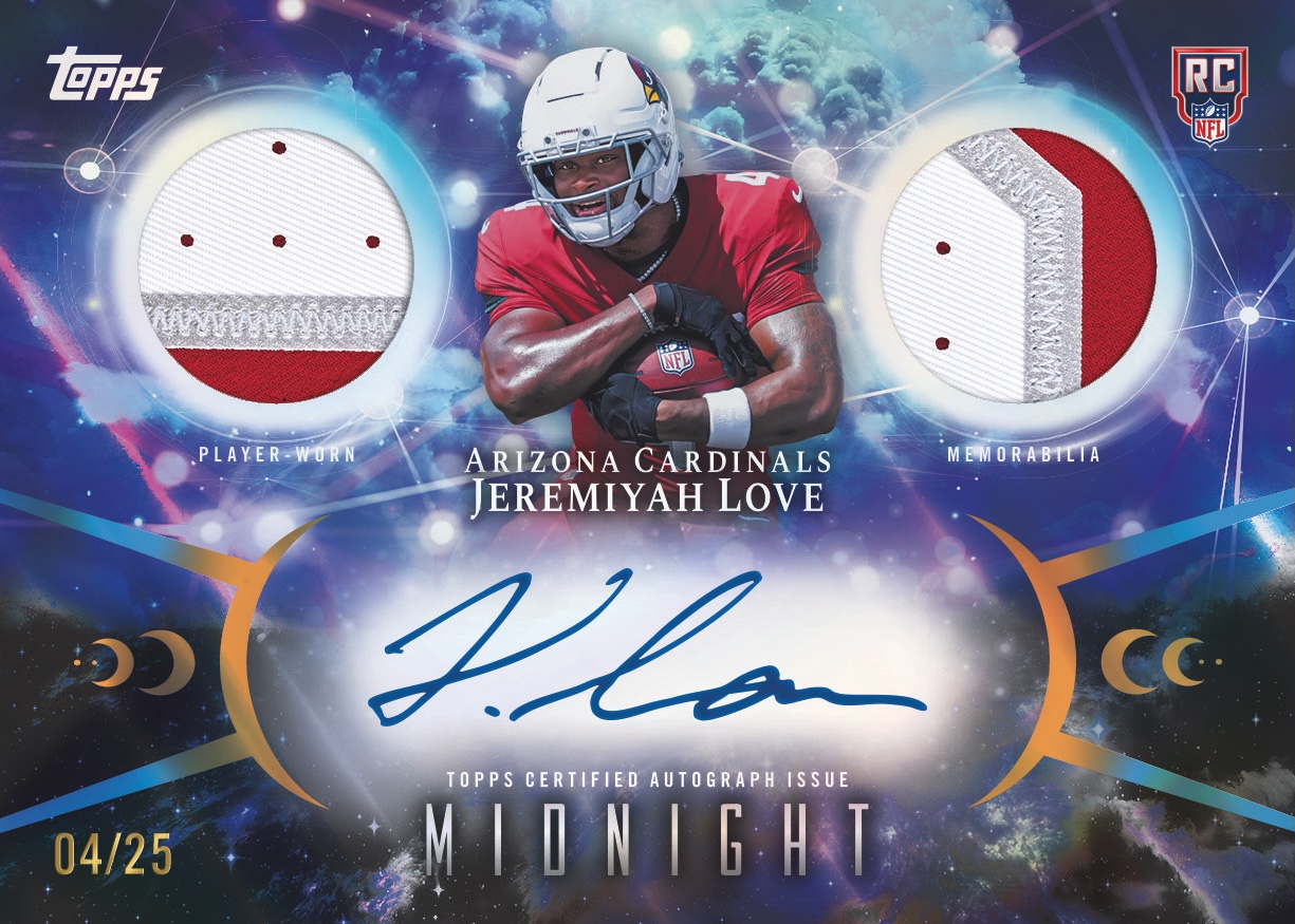 Topps promotional image of Jeremiyah Love’s horizontal REM Relic Autographs card, with two circular memorabilia windows and a blue signature.