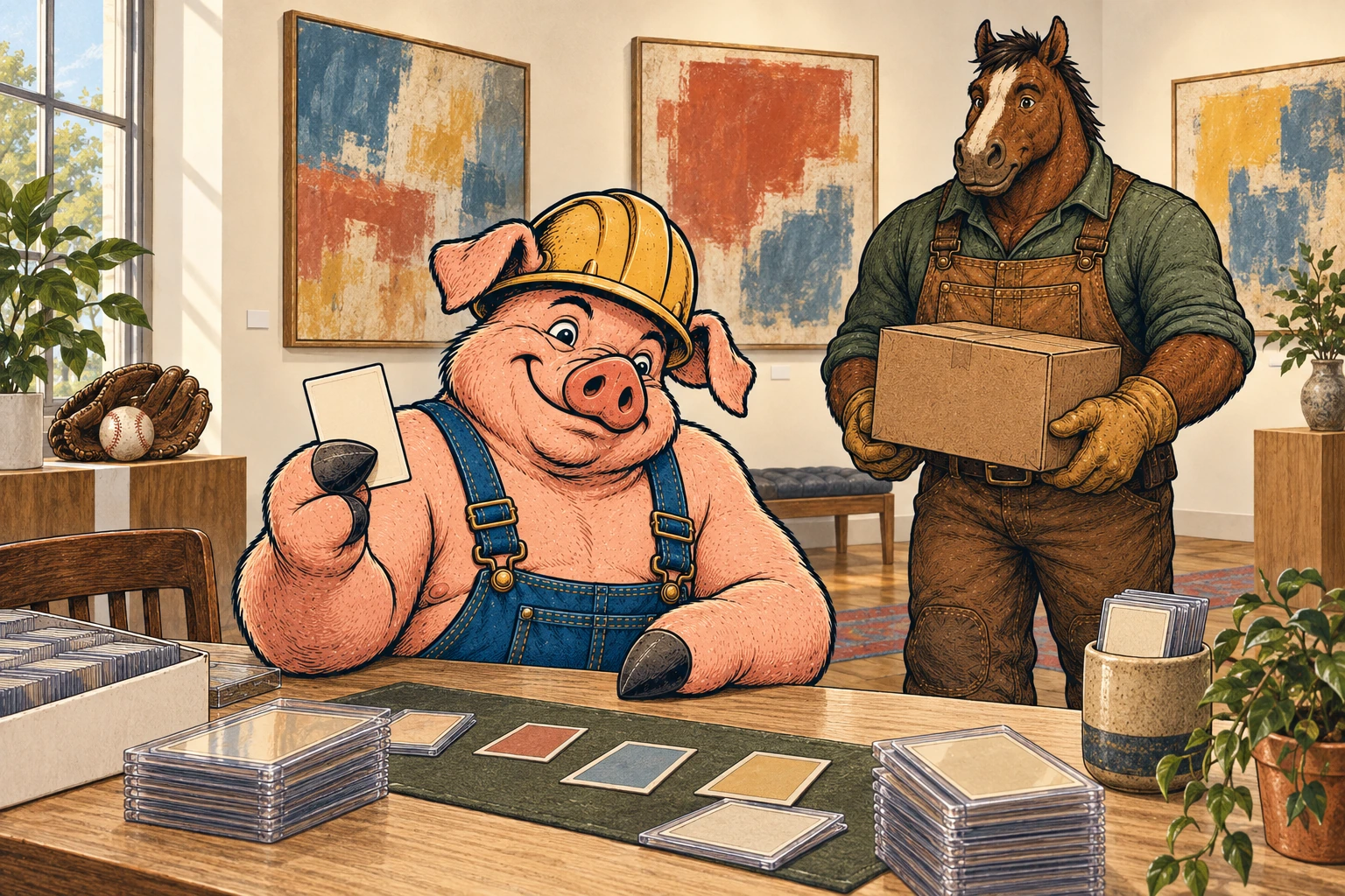 Hammy presents a card at a gallery table while Clyde carries a case, with abstract paintings and a baseball glove behind them.