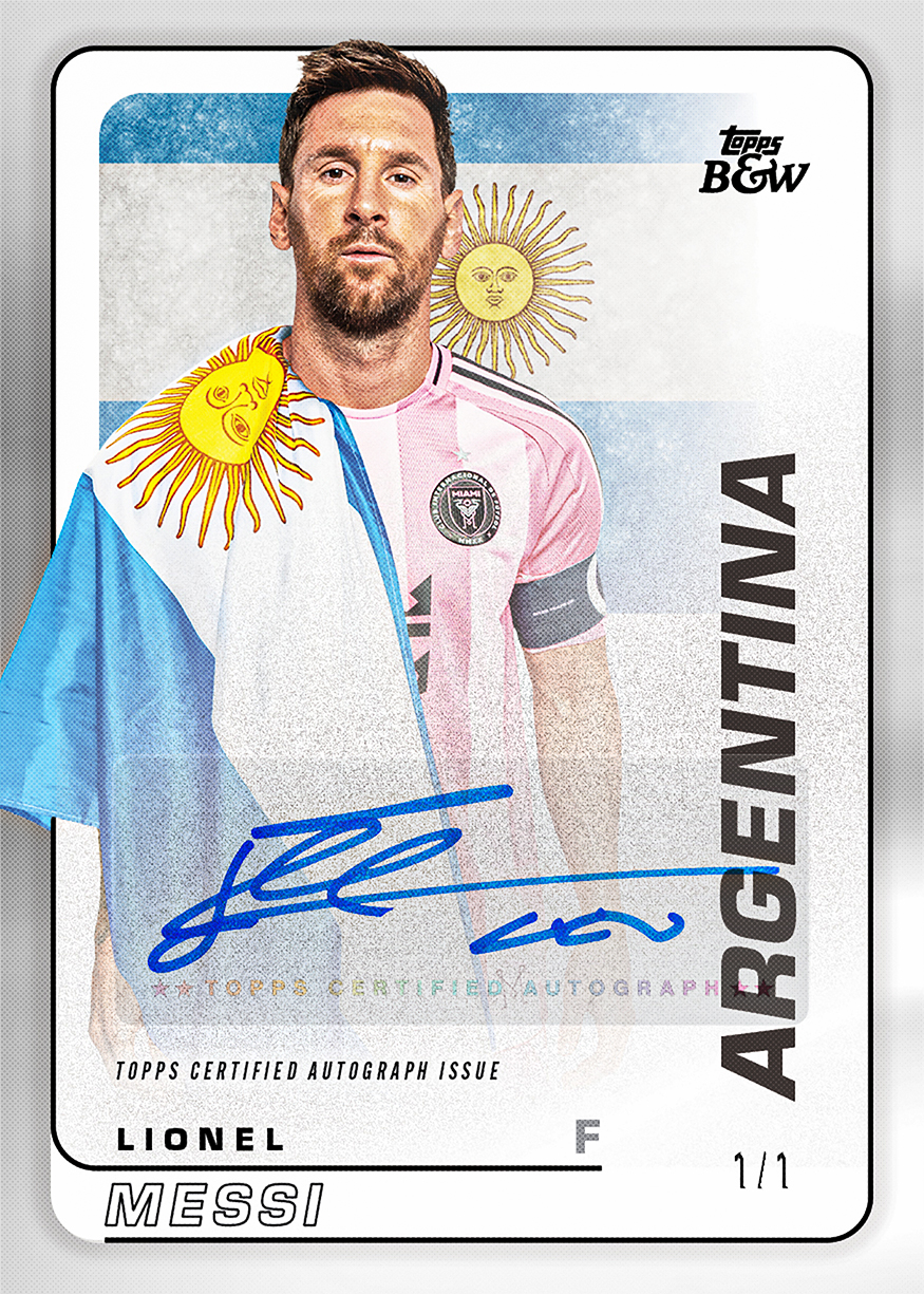 Topps’ Lionel Messi Global Impact autograph preview for 2026 MLS Black and White.