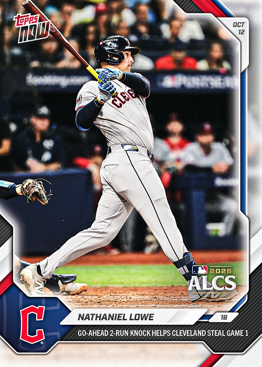 Nathaniel Lowe 2026 Topps NOW 787, showing his swing and commemorating a go-ahead two-run hit in ALCS Game 1.
