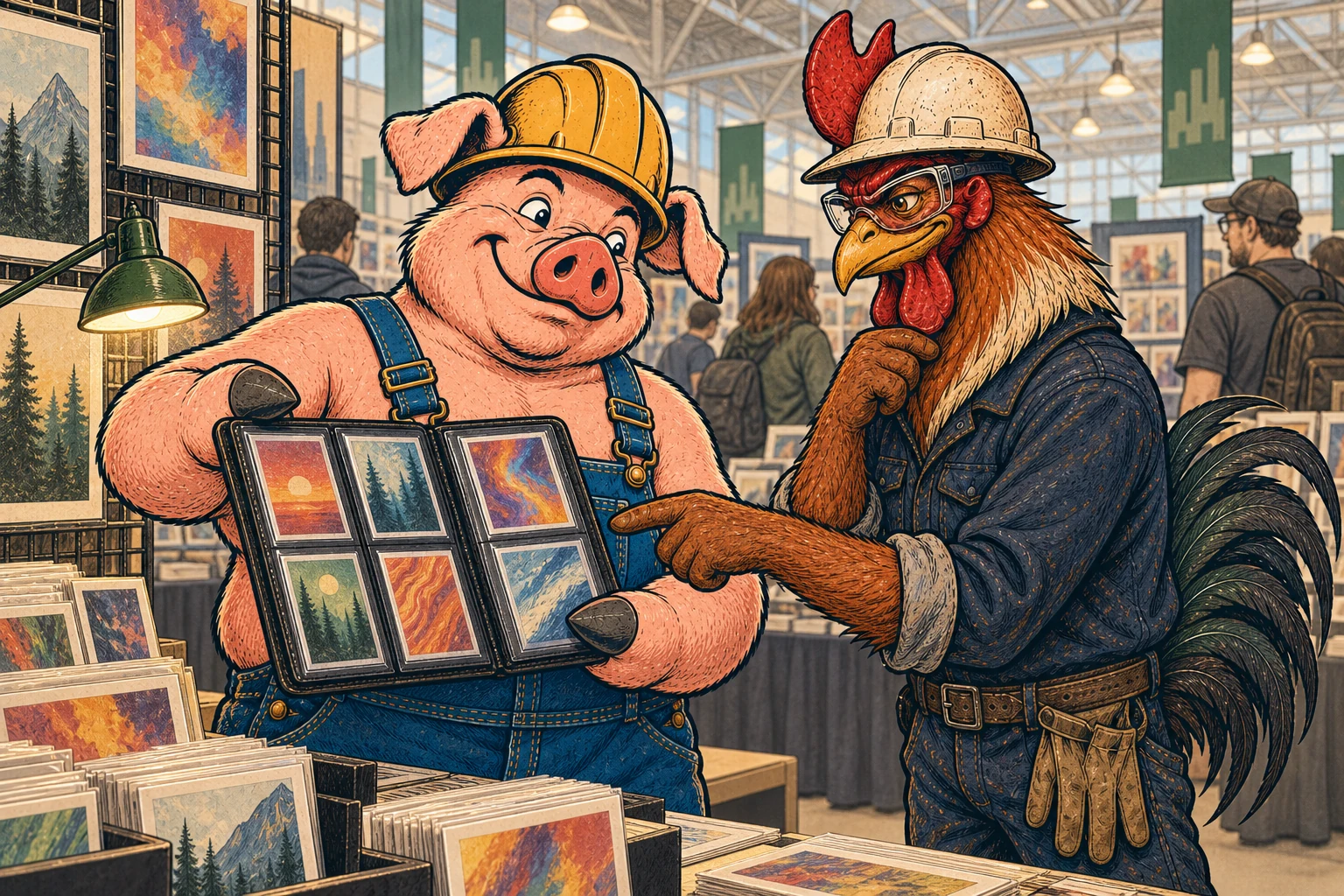 Hammy and Riggs browse collectible art at a comic convention.