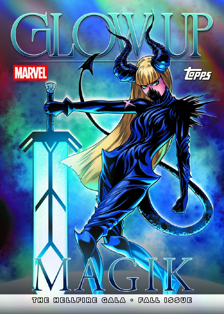 Magik poses with a glowing sword beneath large Glow Up lettering on a blue and green 2026 Topps Neon Marvel card.